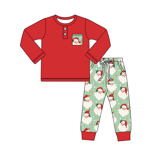 ( Moq 5 ) Preorder Baby Boy Red Long Sleeves Shirt Santa Christmas Pockets Pants Cloths Set