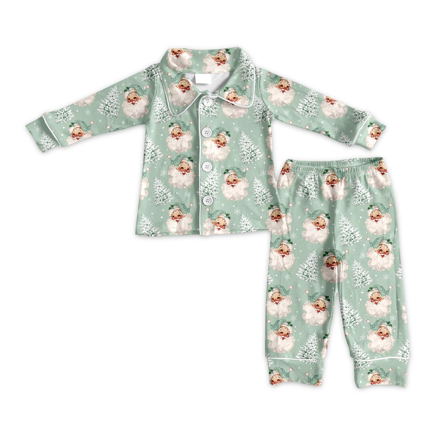( Moq 5 ) Preorder Baby Boy Long Sleeves Santa Christmas Buttons Shirt Pants Green Pajamas Clothes Set