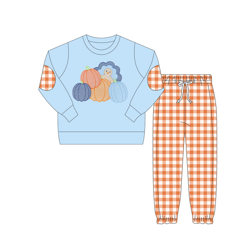 ( Moq 5 ) Preorder Baby Boy Blue Long Sleeves turkey Pumpkins Shirt Orange Plaid Pants Thanksgiving Set