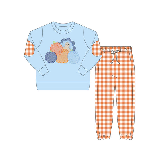 ( Moq 5 ) Preorder Baby Boy Blue Long Sleeves turkey Pumpkins Shirt Orange Plaid Pants Thanksgiving Set