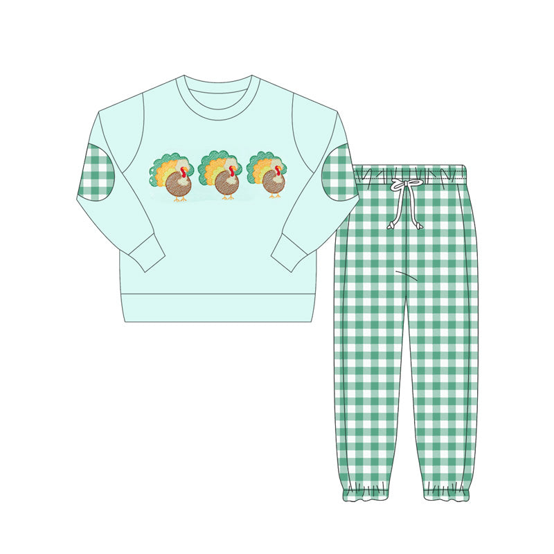 ( Moq 5 ) Preorder Baby Boy Green Long Sleeves turkey Shirt Plaid Pants Thanksgiving Fall Set