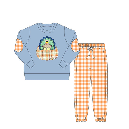 ( Moq 5 ) Preorder Baby Boy Long Sleeves turkey Pumpkin Shirt Orange Plaid Pants Thanksgiving Fall Set