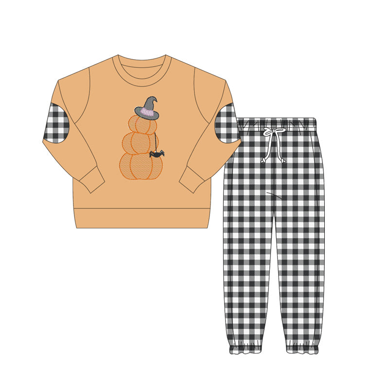 ( Moq 5 ) Preorder Baby Boy Long Sleeves Pumpkins Shirt Black Plaid Pants Halloween Set