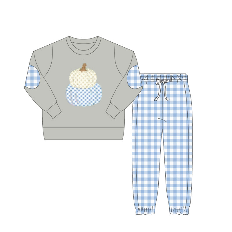 ( Moq 5 ) Preorder Baby Boy Long Sleeves Pumpkins Shirt Blue Plaid Pants Thanksgiving Set
