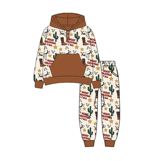 ( Moq 5 ) Preorder Baby Boy Toddler Long Sleeves Western Cow Cactus Hoodie Shirt Pockets Pants Christmas Clothes Set