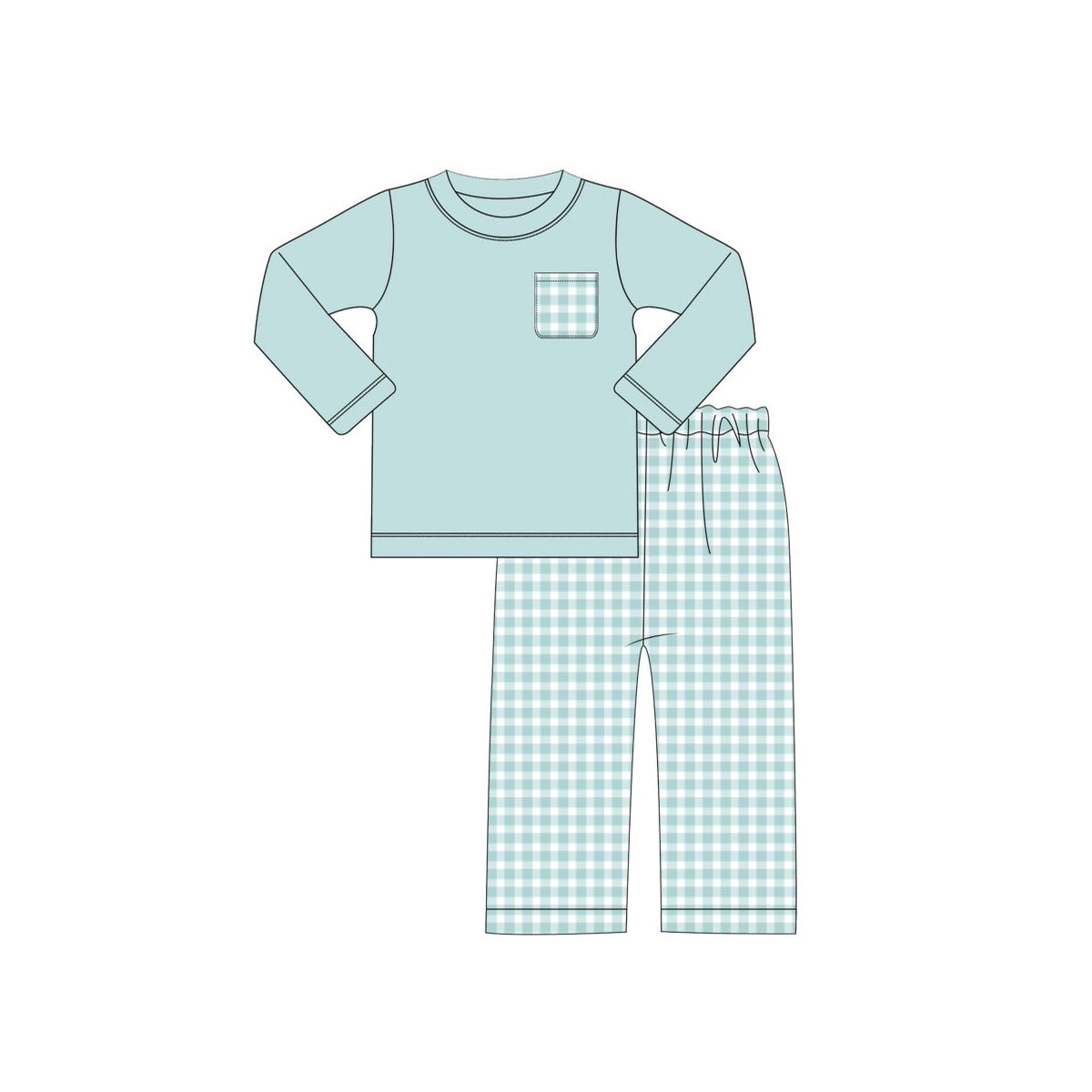 ( Moq 5 ) Preorder Baby Boy Blue Long Sleeves Pocket Shirt Plaid Pants Pajamas Set