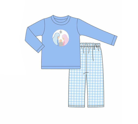 ( Moq 5 ) Preorder Baby Boy Blue Long Sleeves Nativity Shirt Plaid Pants Christmas Set
