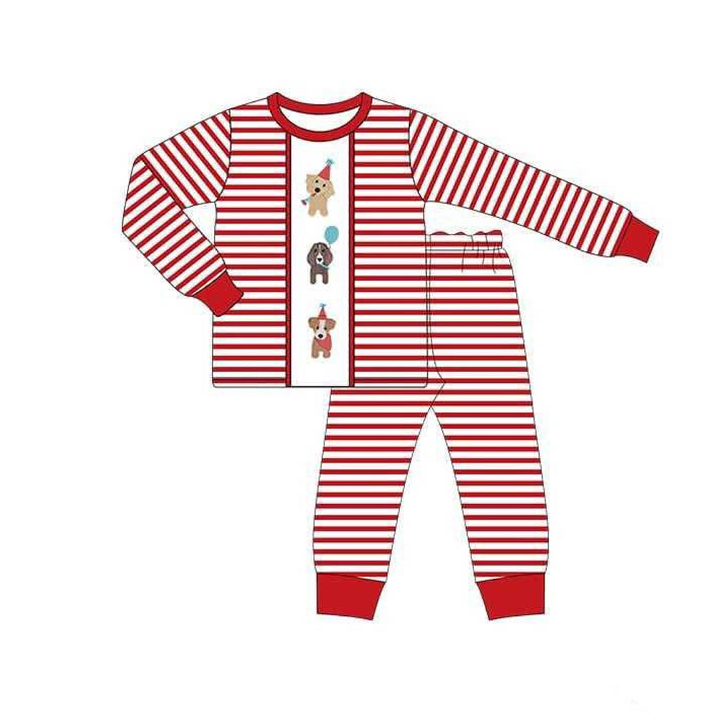 ( Moq 5 ) Preorder Baby Boy Long Sleeves Red Stripes Dogs Shirt Pants Pajamas New Year Set