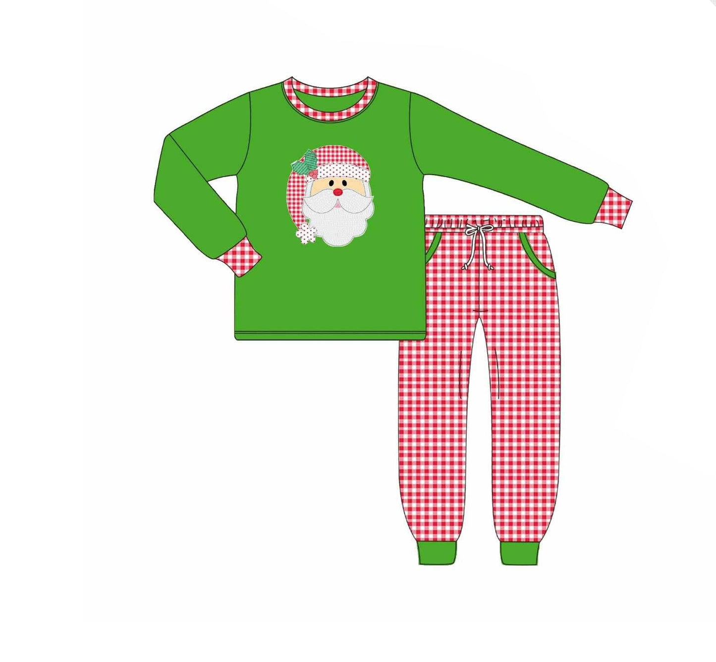 ( Moq 5 ) Preorder Baby Boy Green Long Sleeves Santa Shirt Plaid Pockets Pants Christmas Set