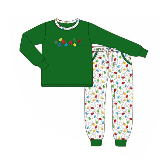 ( Moq 5 ) Preorder Baby Boy Green Long Sleeves Lights Shirt Pockets Pants Christmas Pajamas Set