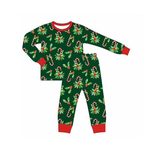 ( Moq 5 ) Preorder Baby Boy Green Long Sleeves Candy Cane Shirt Pants Pajamas Christmas Set