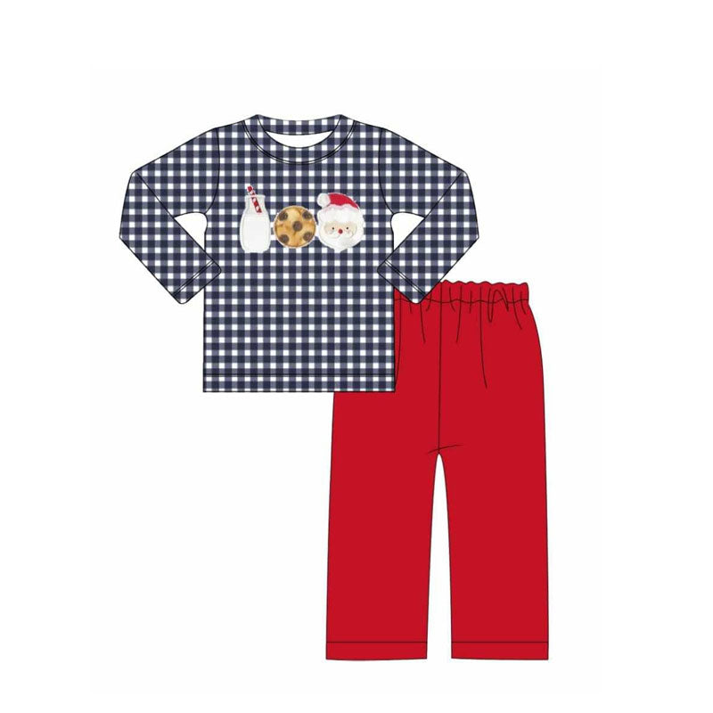 ( Moq 5 ) Preorder Baby Boy Long Sleeves Milk Cake Santa Plaid Shirt Red Pants Christmas Set