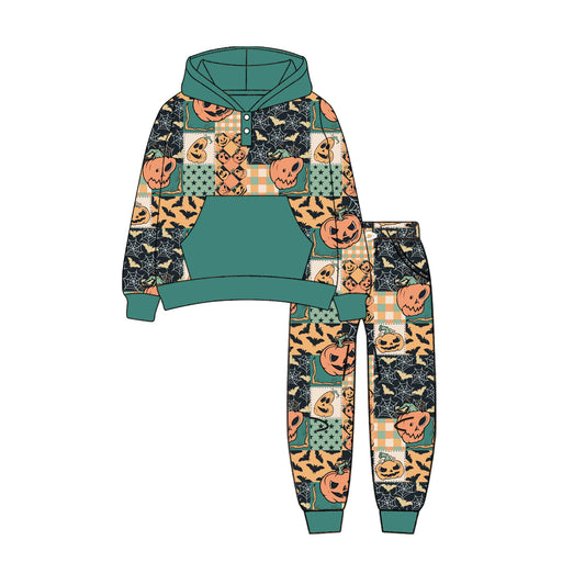 ( Moq 5 ) Preorder Baby Boy Ghost Pumpkins Green Hoodies Shirt Pockets Pants Halloween Set