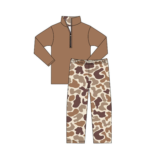 ( Moq 5 ) Preorder Baby Boy Long Sleeves Zipper Cotton Brown Shirt Camo Pants Set
