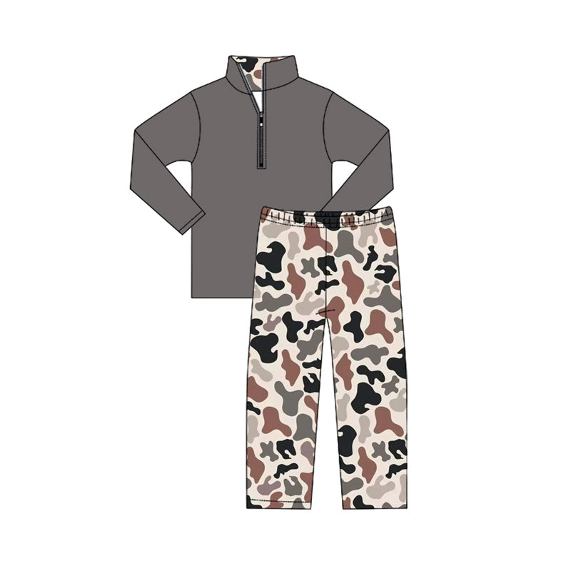 ( Moq 5 ) Preorder Baby Boy Kids Long Sleeves Zipper Cotton Shirt Camo Pants Set