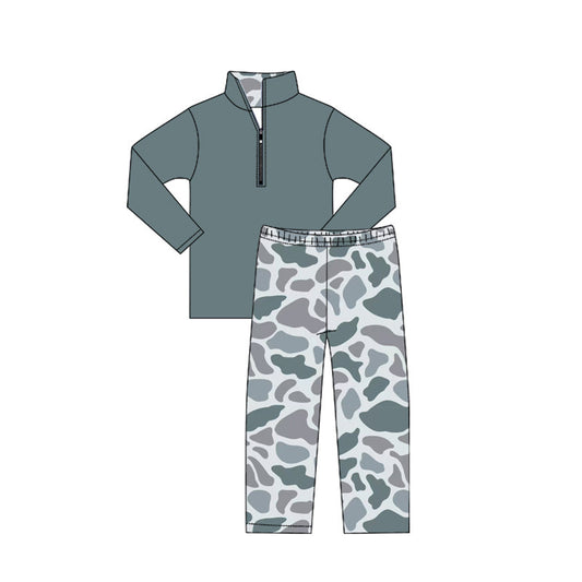 ( Moq 5 ) Preorder Baby Boy Long Sleeves Zipper Cotton Shirt Tops Camo Pants Set