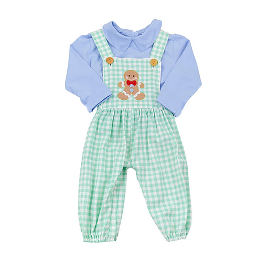( Moq 5 ) Preorder Baby Boy Blue Long Sleeves Shirt Gingerbread Plaid Jumpsuit Christmas Clothes Set