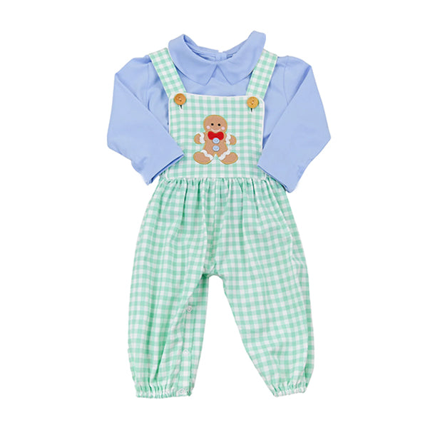 ( Moq 5 ) Preorder Baby Boy Blue Long Sleeves Shirt Gingerbread Plaid Jumpsuit Christmas Clothes Set