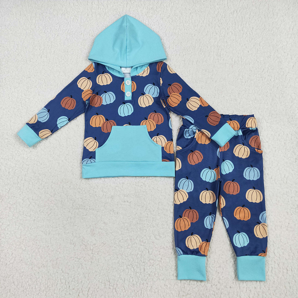 Baby Boy Long Sleeves Pumpkins Sibling Thanksgiving Fall Romper Outfit Pajamas Set RTS