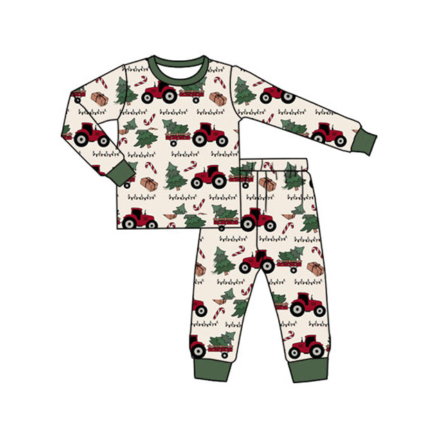 ( Moq 5 ) Preorder Baby Boy Long Sleeves Christmas Tractors Tree Shirt Pants Pajamas Clothes Set