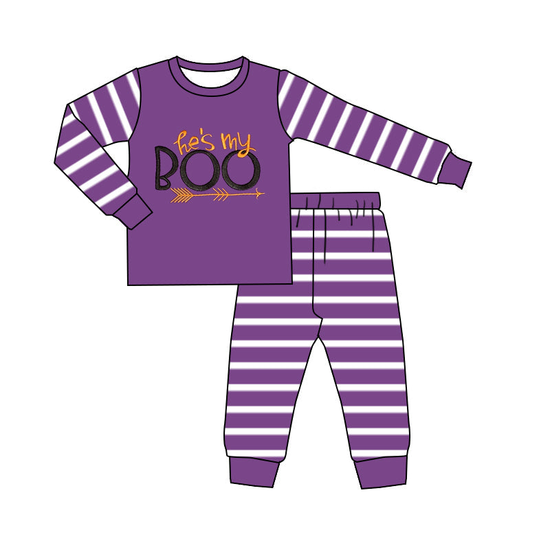 ( Moq 5 ) Preorder Baby Girl Long Sleeves BOO Shirt Purple Stripes Pants Halloween Pajamas Set