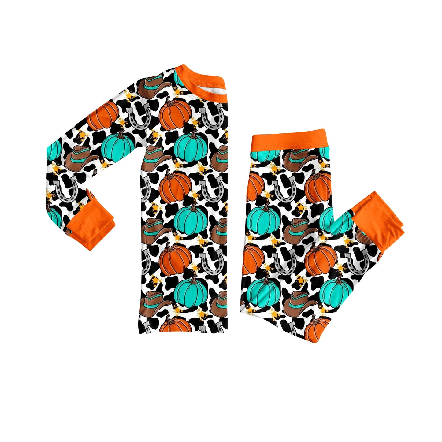 ( Moq 5 ) Preorder Baby Kids Toddler Long Sleeves Pumpkins Shirt Pants Pajamas Western Cow Print Fall Set
