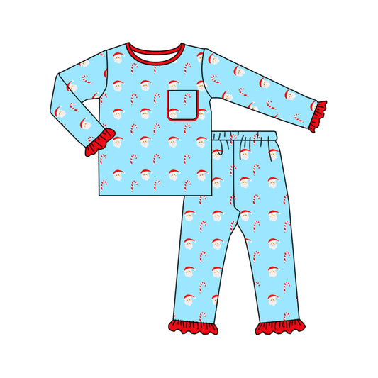 ( Moq 5 ) Preorder Baby Girl Long Sleeves Santa Candy Cane Pocket Shirt Pants Christmas Pajamas Set