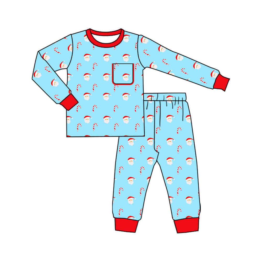( Moq 5 ) Preorder Baby Boy Long Sleeves Santa Candy Cane Pocket Shirt Pants Christmas Pajamas Set