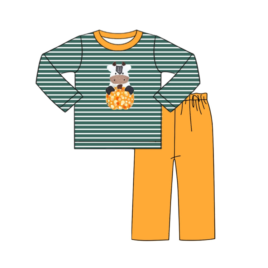 ( Moq 5 ) Preorder Baby Boy Long Sleeves Cow Pumpkin Stripes Shirt Orange Pants Fall Pajamas Set