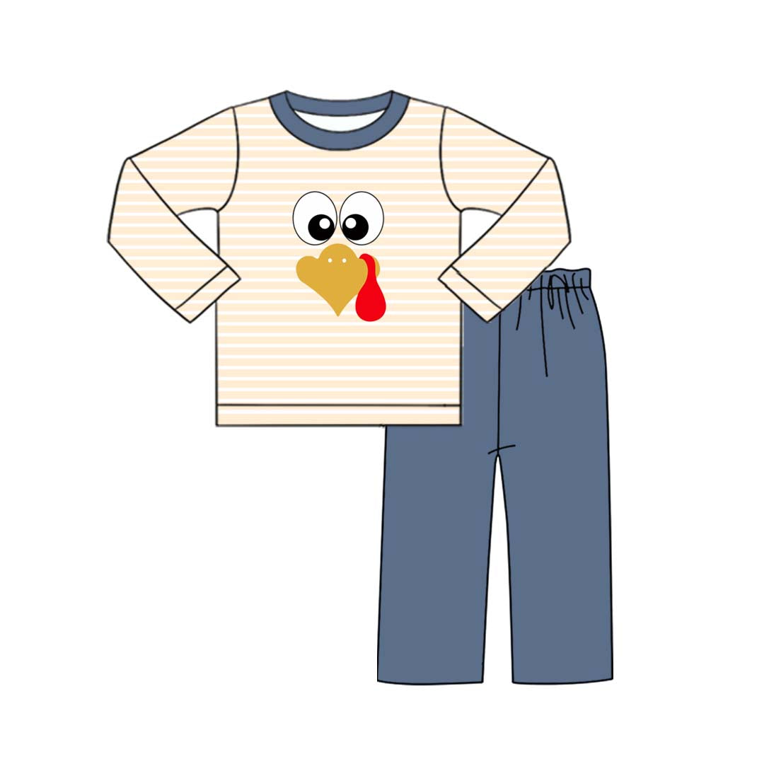 ( Moq 5 ) Preorder Baby Boy Long Sleeves turkey Stripes Shirt Pants Thanksgiving Fall Set