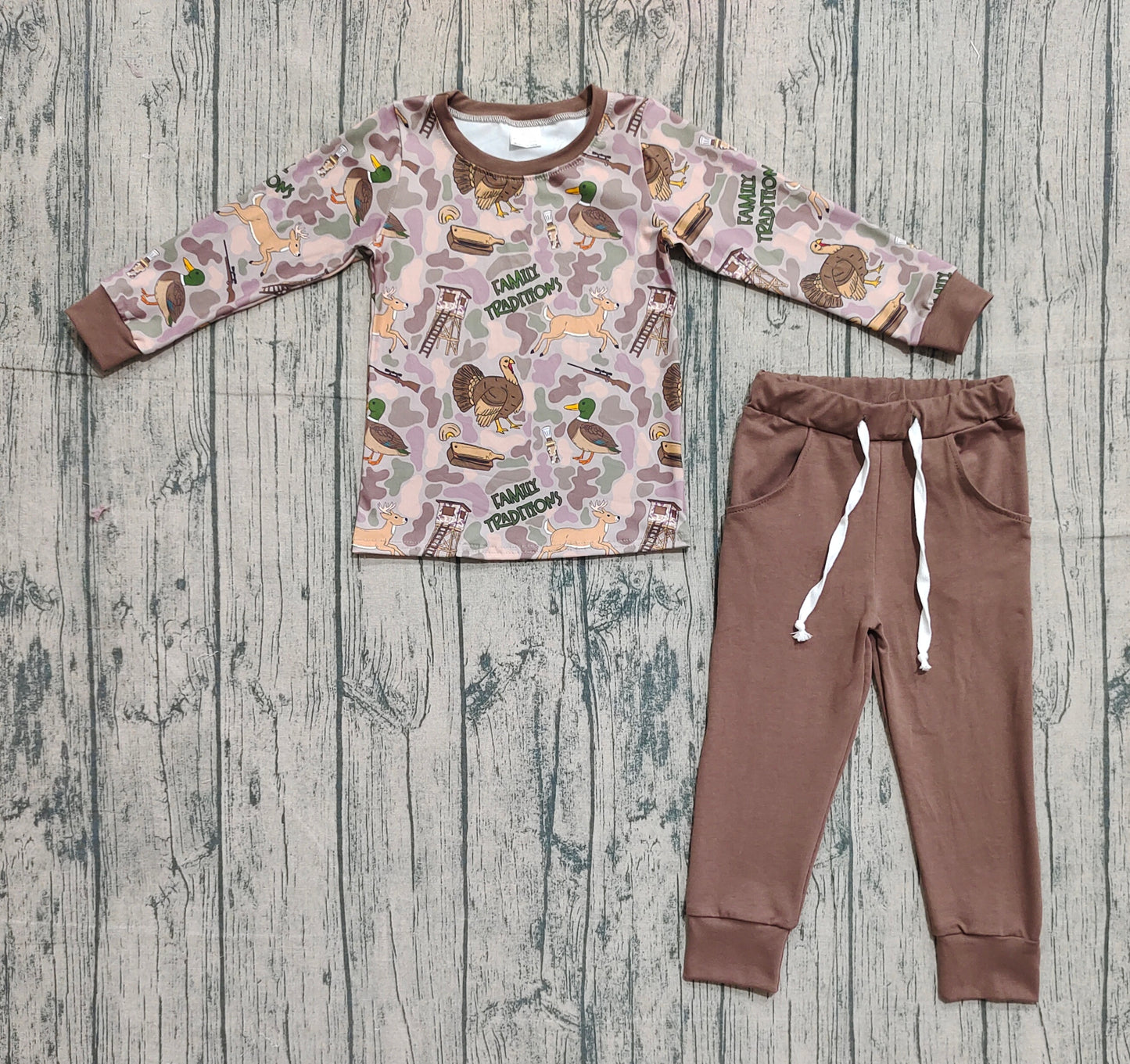 ( No moq ) Preorder Baby Boy Long Sleeves Deer Ducks Camo Shirt Pockets Pants Hunting Set