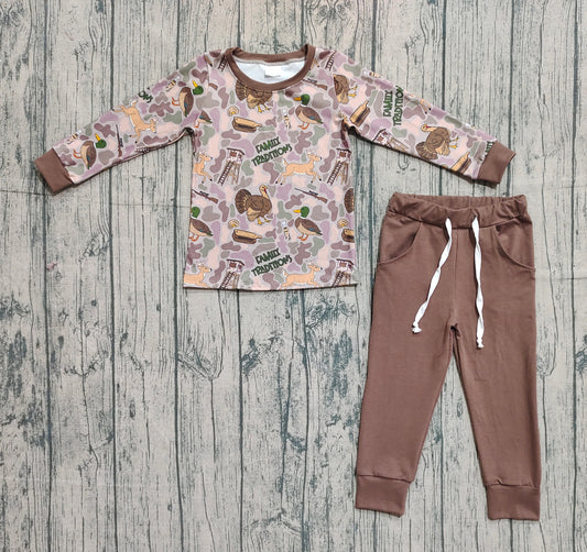( No moq ) Preorder Baby Boy Long Sleeves Deer Ducks Camo Shirt Pockets Pants Hunting Set