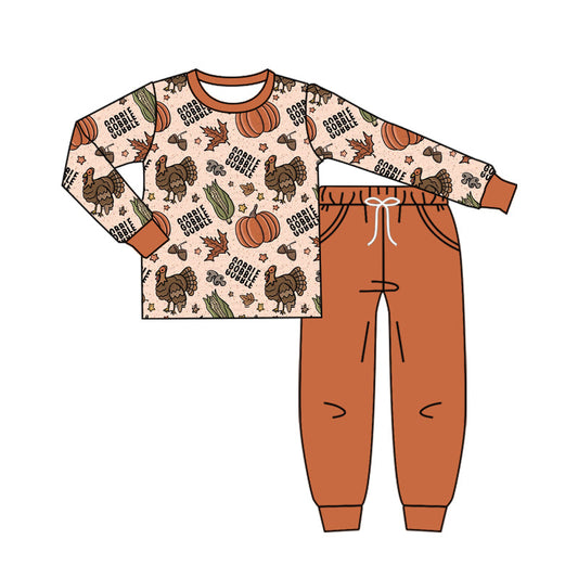 ( Moq 5 ) Preorder Baby Boy Long Sleeves turkey Pumpkins Shirt Pockets Pants Thanksgiving Fall Set