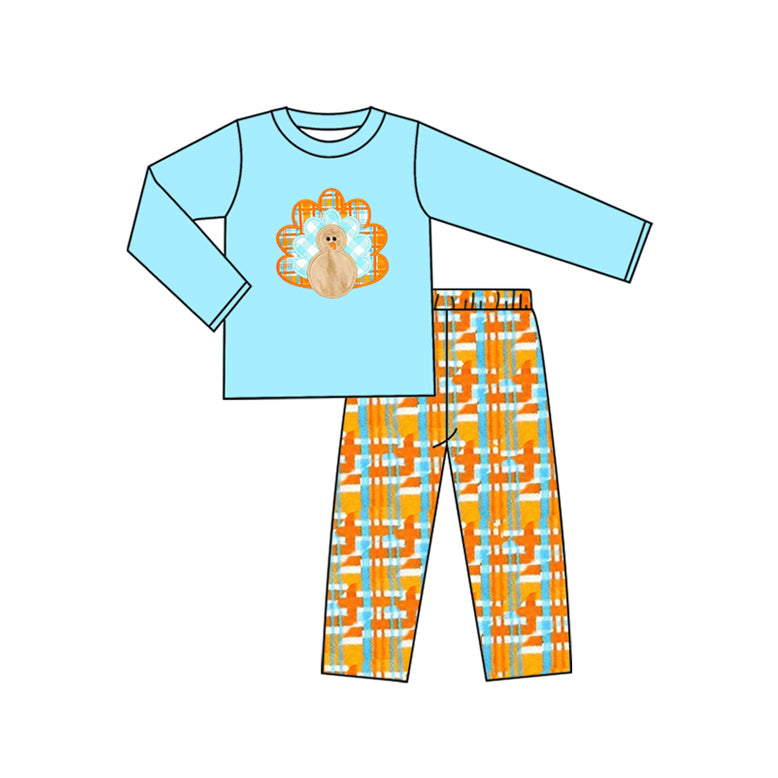 ( Moq 5 ) Preorder Baby Boy Blue Long Sleeves turkey Shirt Plaid Pants Thanksgiving Fall Set