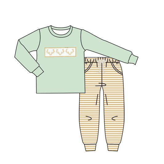 ( Moq 5 ) Preorder Baby Boy Long Sleeves Deer Green Shirt Stripes Pockets Pants Clothes Set