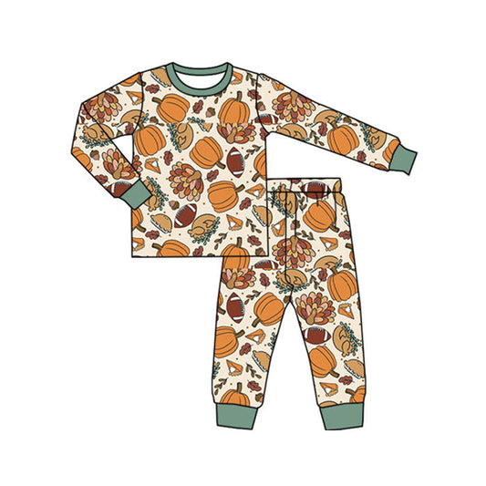 ( Moq 5 ) Preorder Baby Boy Long Sleeves turkey Pumpkins Shirt Pants Thanksgiving Pajamas Set