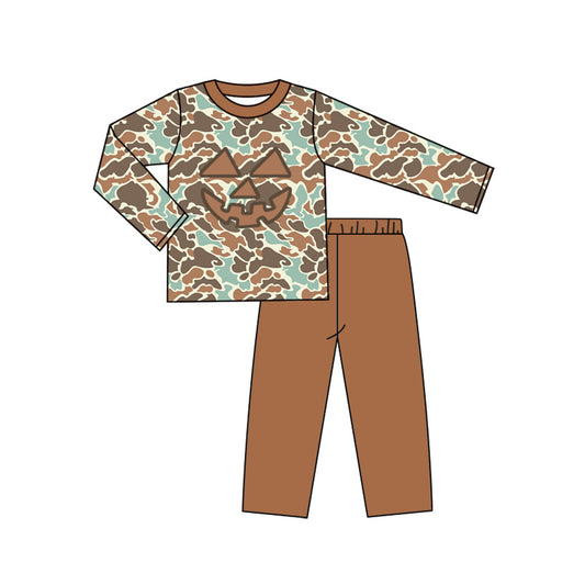 ( Moq 5 ) Preorder Baby Boy Camo Long Sleeves Halloween Face Shirt Brown Pants Clothes Set
