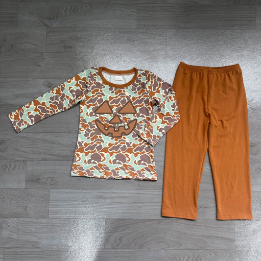 ( No moq ) Preorder Baby Boy Camo Embroidery Halloween Face Shirt Brown Pants Clothes Set