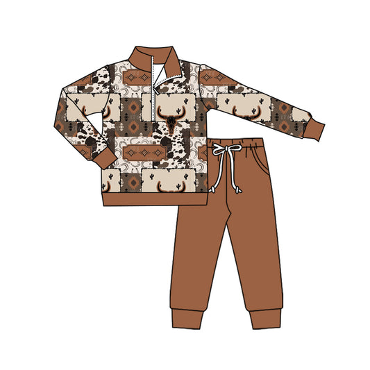 ( Moq 5 ) Preorder Baby Boy Long Sleeves Western Cow Zipper Shirt Pockets Brown Pants Set