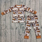 Baby Boy Long Sleeves Western Cow Cactus Shirt Pants Brown Pajamas Clothes Set RTS