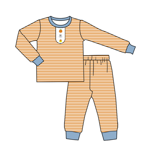 ( Moq 5 ) Preorder Baby Boy Long Sleeves Ghost Candy Corn Shirt Stripes Pants Halloween Pajamas Set