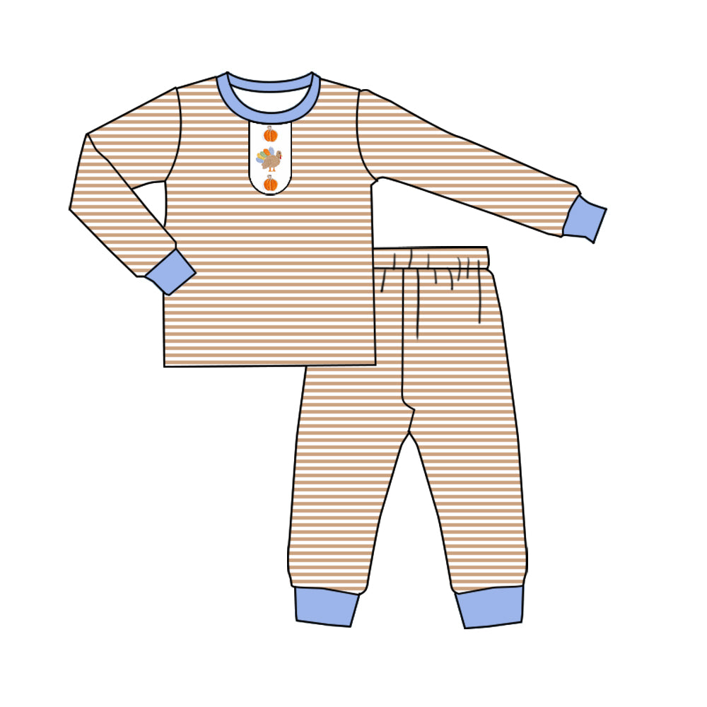 ( Moq 5 ) Preorder Baby Boy Long Sleeves Pumpkins turkey Shirt Stripes Pants Thanksgiving Pajamas Set