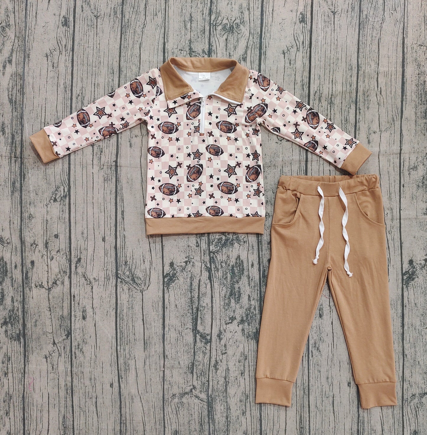 ( No moq ) Preorder Baby Boy Long Sleeves Football Stars Plaid Zipper Shirt Pockets Pants Set