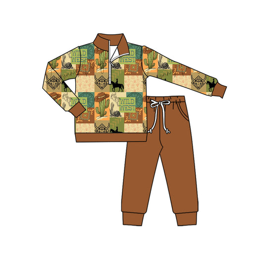 ( Moq 5 ) Preorder Baby Boy Long Sleeves Cow Cactus Zipper Shirt Pockets Pants Western Set