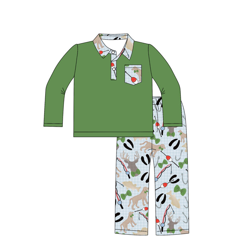 ( Moq 5 ) Preorder Baby Boy Green Long Sleeves Pocket Shirt Hunting Fishing Pants Set