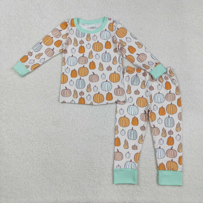 Boys Kids Long Sleeves Pumpkins Thanksgiving Sibling Fall Footie Romper Pajamas Set RTS
