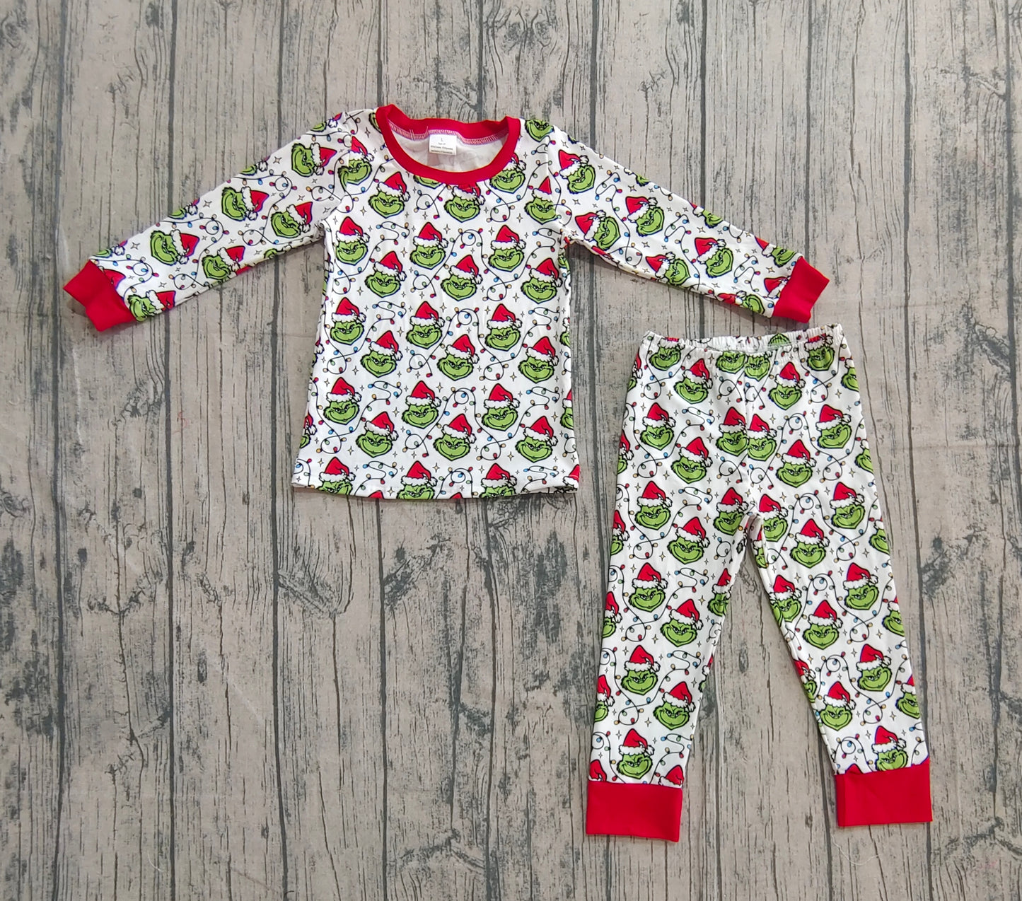 ( No moq ) Preorder Baby Boy Long Sleeves Green Faces Lights Christmas Shirt Pants Pajamas Set