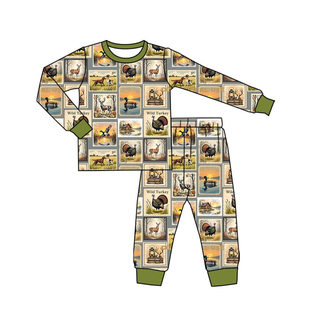 ( Moq 5 ) Preorder Baby Boy Long Sleeves turkey Ducks Dogs Shirt Pants Pajamas Hunting Set