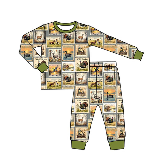( Moq 5 ) Preorder Baby Boy Long Sleeves turkey Ducks Dogs Shirt Pants Pajamas Hunting Set