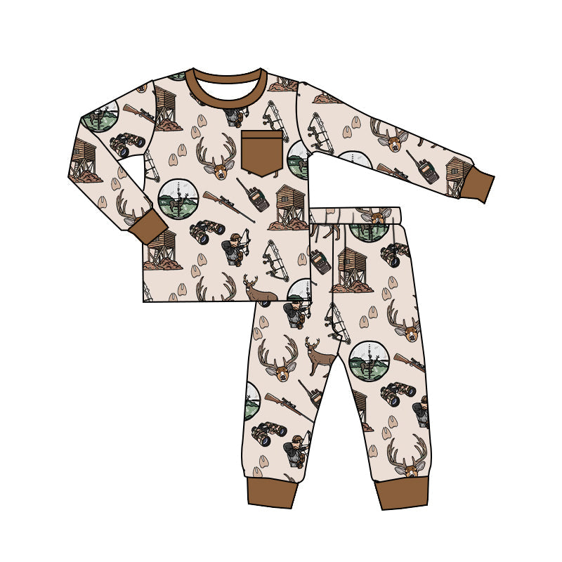 ( Moq 5 ) Preorder Kids Boy Long Sleeves Deer Dogs Hunting Shirt Pants Pajamas Set